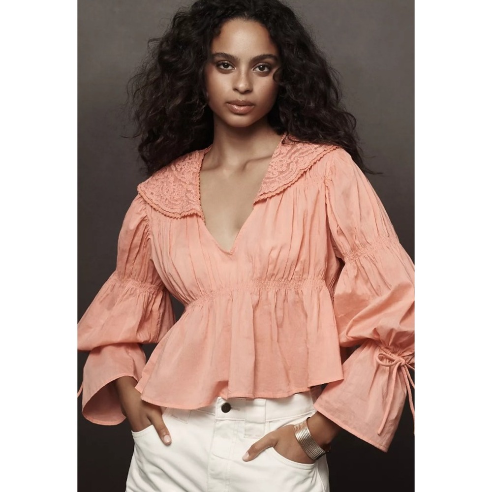 Anthropologie Collared Babydoll Blouse Pink Victorian Lace Collar Peasant Boho M